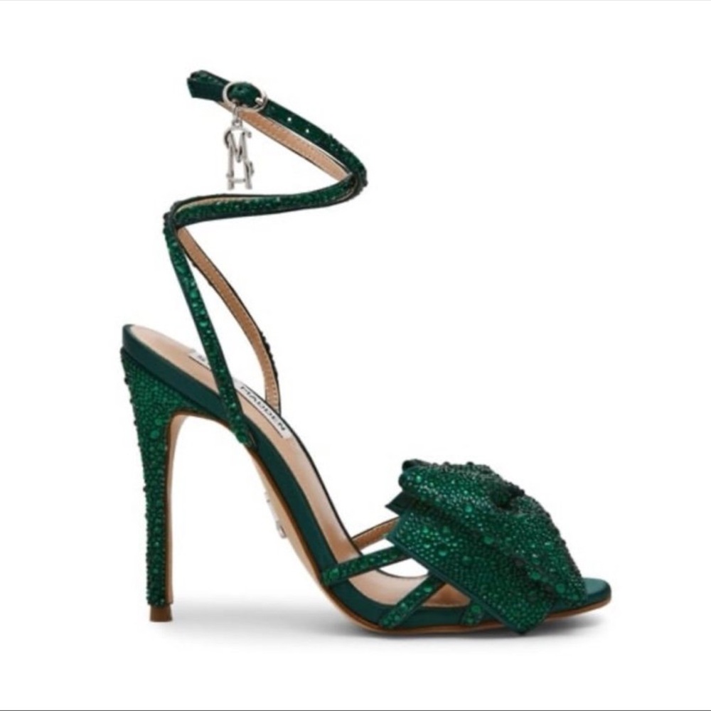 Steve Madden Blossom Green Strappy Heels with Bow Embellished Rhinestone - Picture 2 of 8